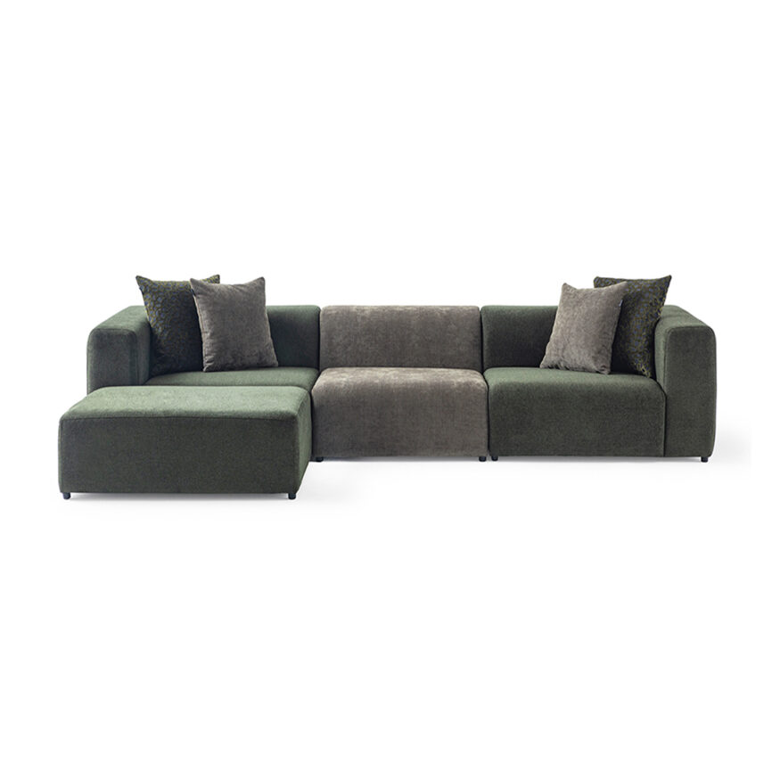 Long sofa with ottoman, customizable in size and design based on customer preferences.