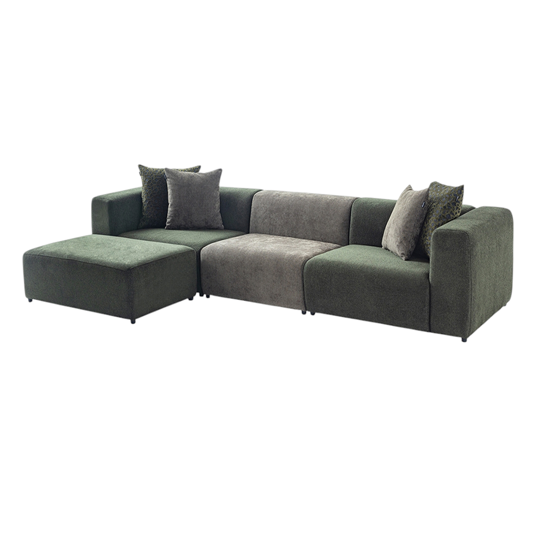 Long sofa with ottoman, customizable in size and design based on customer preferences.