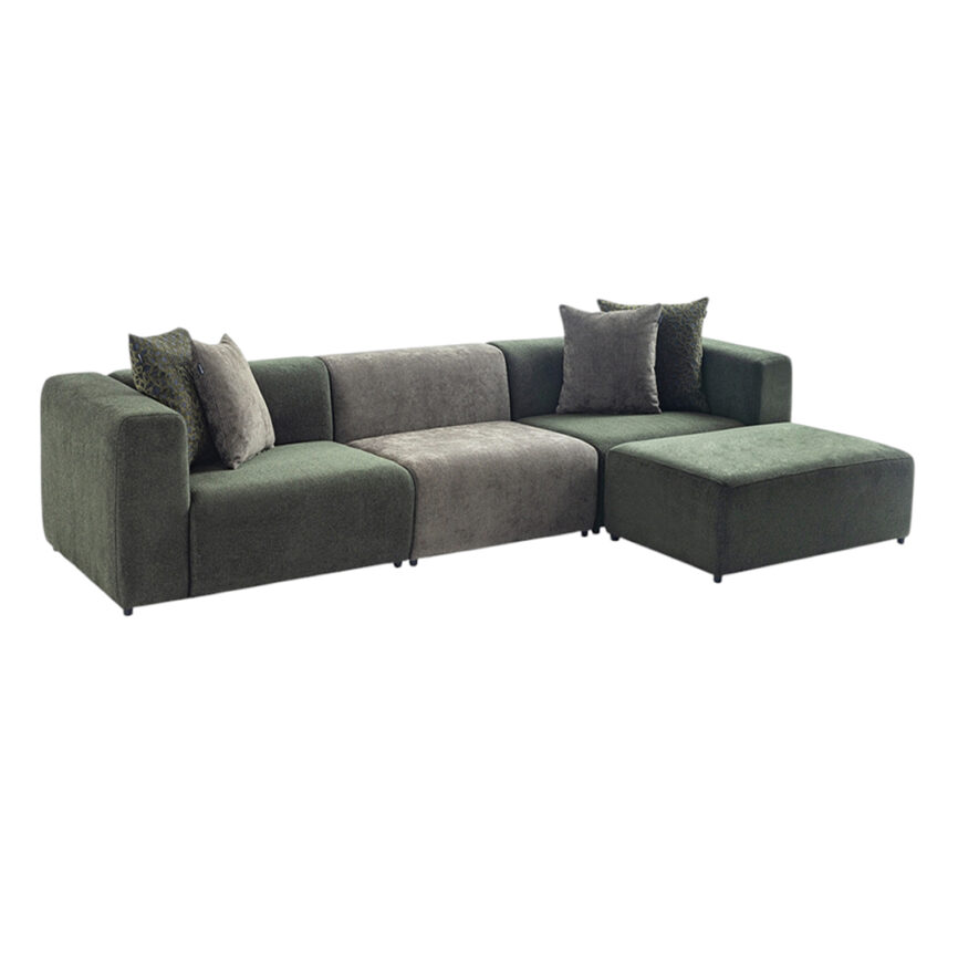 Long sofa with ottoman, customizable in size and design based on customer preferences.