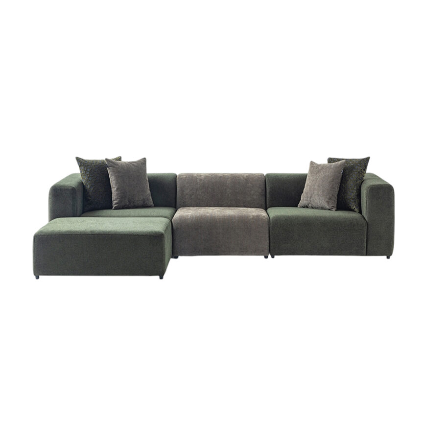 Long sofa with ottoman, customizable in size and design based on customer preferences.