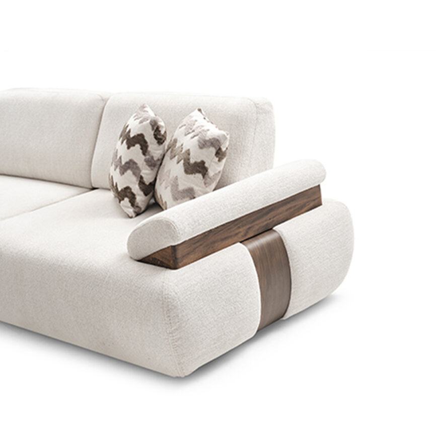 Long sofa with customizable sizes, fabric, and cushion options.