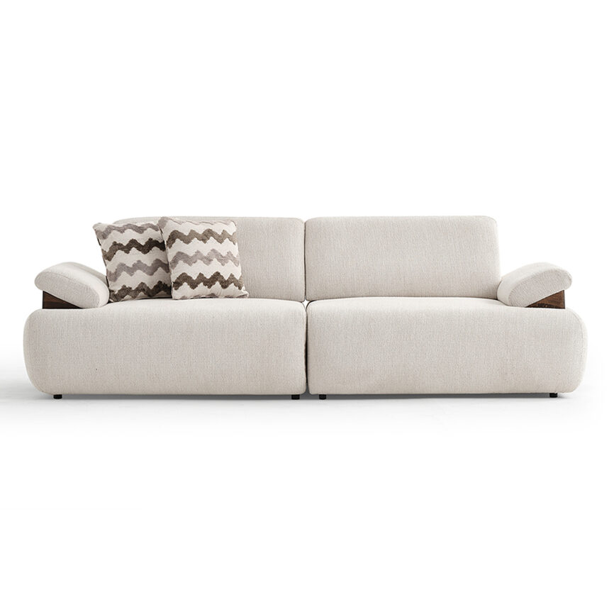 Long sofa with customizable sizes, fabric, and cushion options.