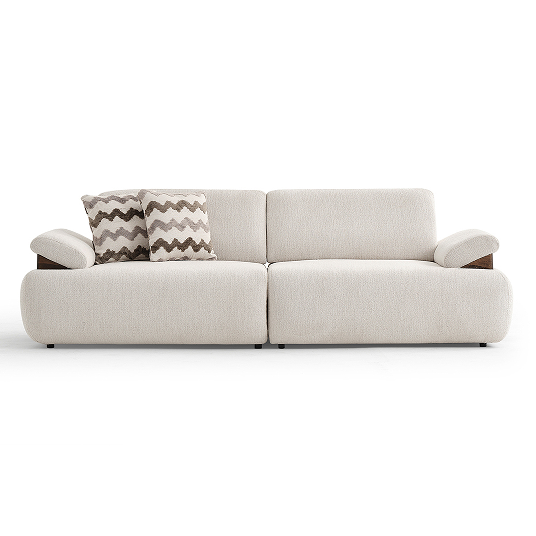 Long sofa with customizable sizes, fabric, and cushion options.