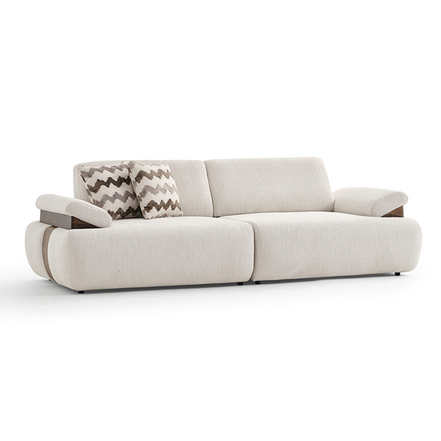 Long sofa with customizable sizes, fabric, and cushion options.