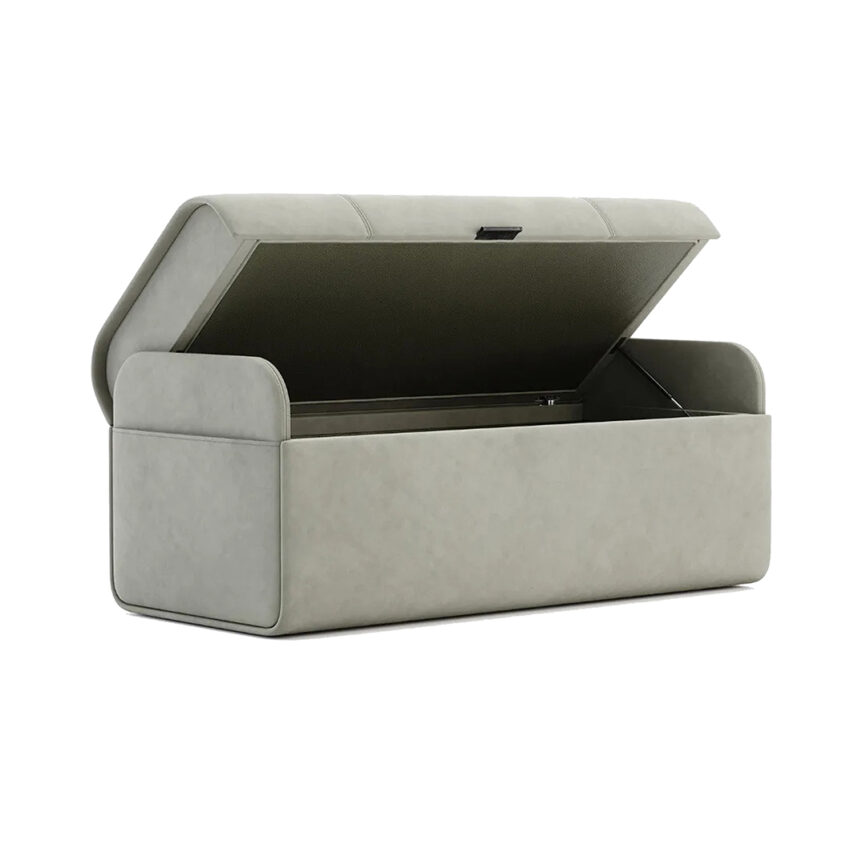 A contemporary small pouf with a storage compartment, upholstered in beige fabric, featuring a front handle for easy access.