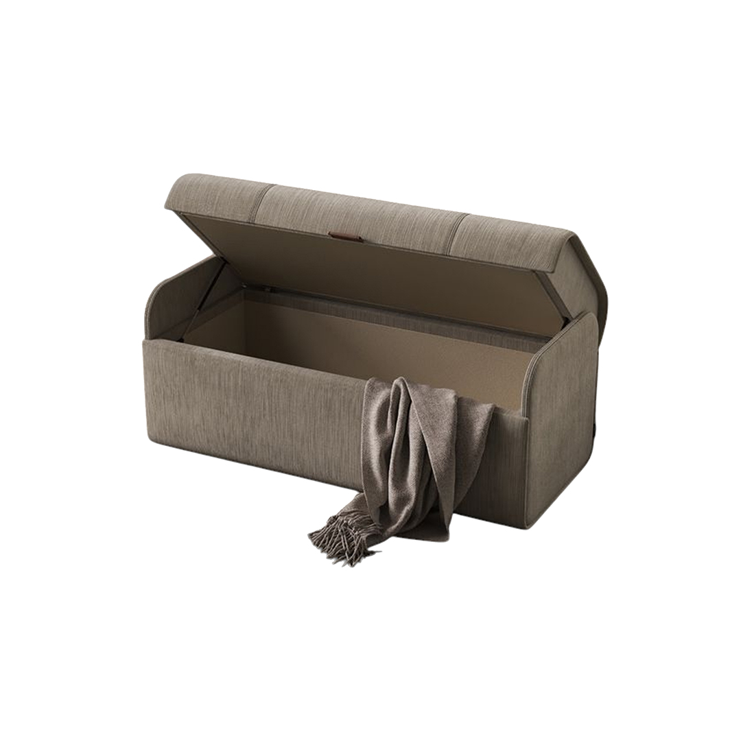 A contemporary small pouf with a storage compartment, upholstered in beige fabric, featuring a front handle for easy access.