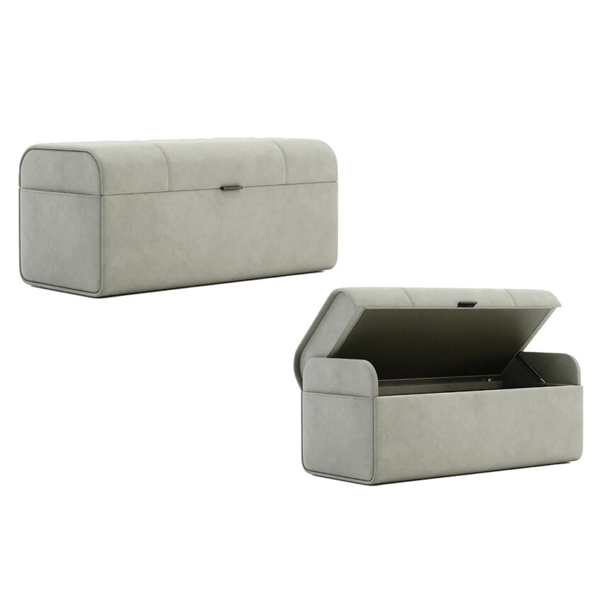 A contemporary small pouf with a storage compartment, upholstered in beige fabric, featuring a front handle for easy access.