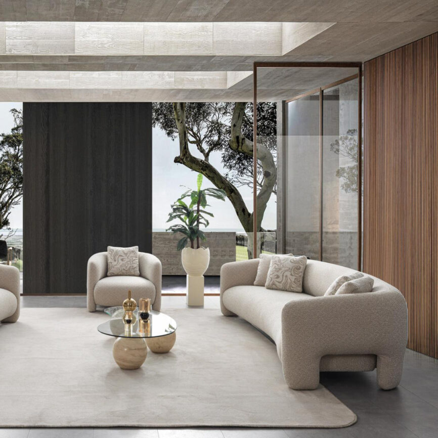 3-Seater Sofa - Beige & Brown Cushion Upholstery