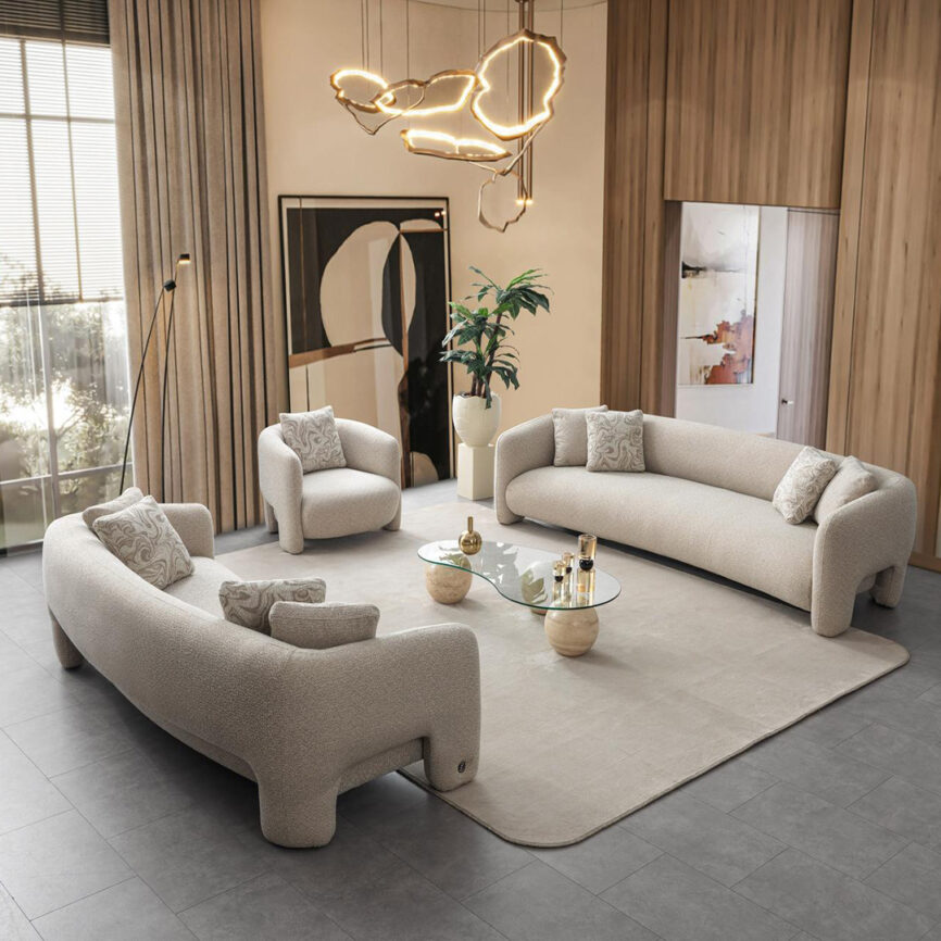 Curved Sofa in Beige Upholstery - Elegant Living Room