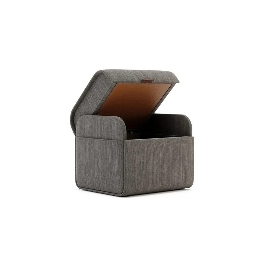 modern pouf, storage ottoman, space-saving furniture, contemporary home decor, Modern beige pouf with hidden storage compartment, ideal for space-saving interiors