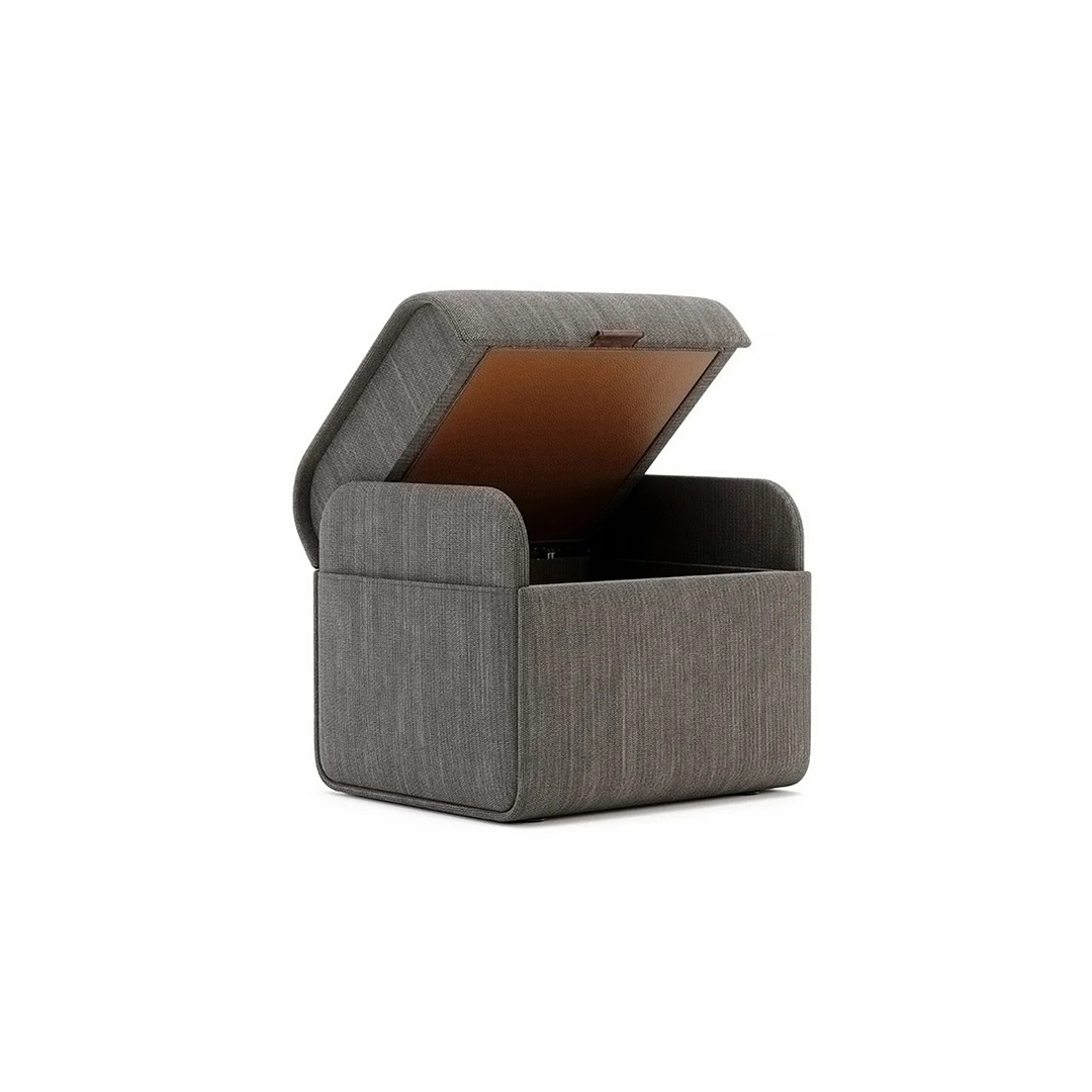 modern pouf, storage ottoman, space-saving furniture, contemporary home decor, Modern beige pouf with hidden storage compartment, ideal for space-saving interiors