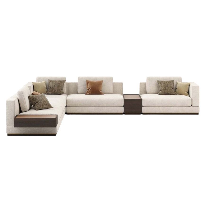 L-shaped sectional sofa with beige cushions and wooden details.