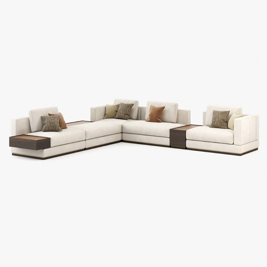 L-shaped sectional sofa with beige cushions and wooden details.