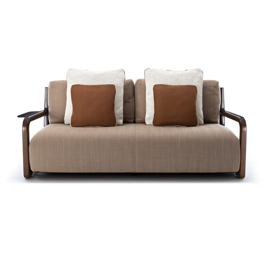 A stylish modern sofa featuring two brown and two white cushions, displayed with the logo "MZ" and website "www.mzfurniture.ae." Caption: MZF-S4 Sofa - Comfort meets contemporary elegance. Description: The MZF-S4 sofa boasts a sleek, minimalist design with plush cushions for ultimate comfort, showcased alongside the "MZ" logo and website "www.mzfurniture.ae." Perfect for adding style to any space.