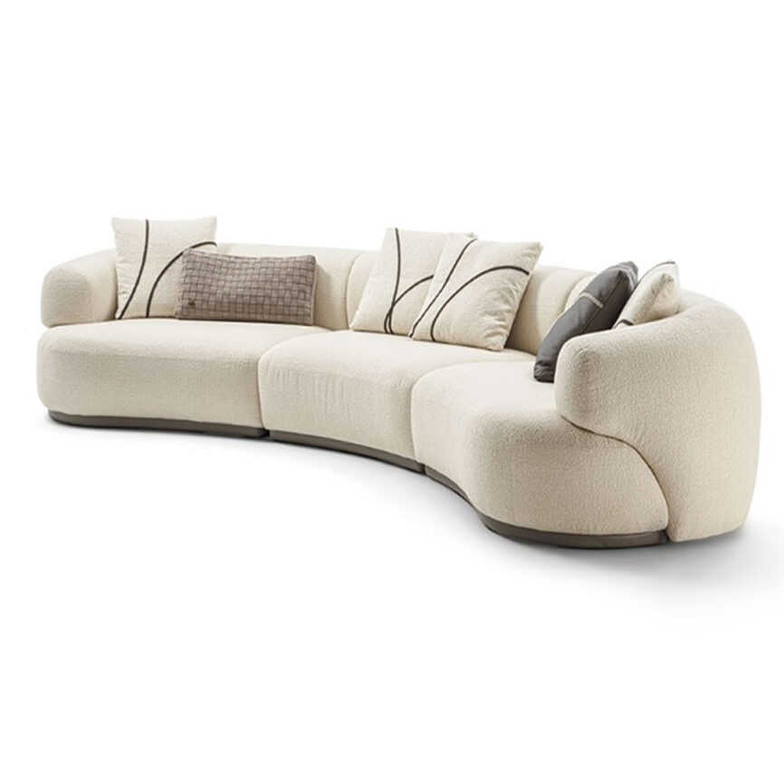 Curved long sofa in beige fabric with customizable sizes.