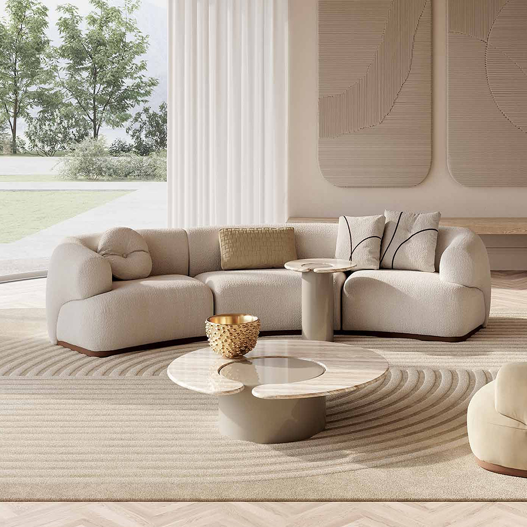 Curved long sofa in beige fabric with customizable sizes.