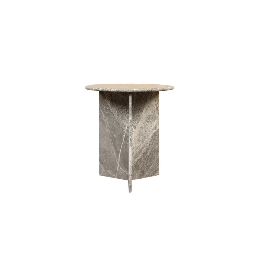 Mabel Side Table made of natural marble with a crossed base and round top, showcasing unique patterns and tones. Customizable dimensions and materials. Diameter: 48 CM, Height: 55 CM. Made in UAE