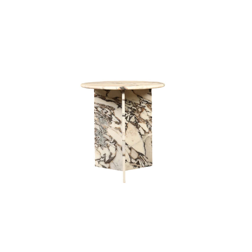 Mabel Side Table made of natural marble with a crossed base and round top, showcasing unique patterns and tones. Customizable dimensions and materials. Diameter: 48 CM, Height: 55 CM. Made in UAE