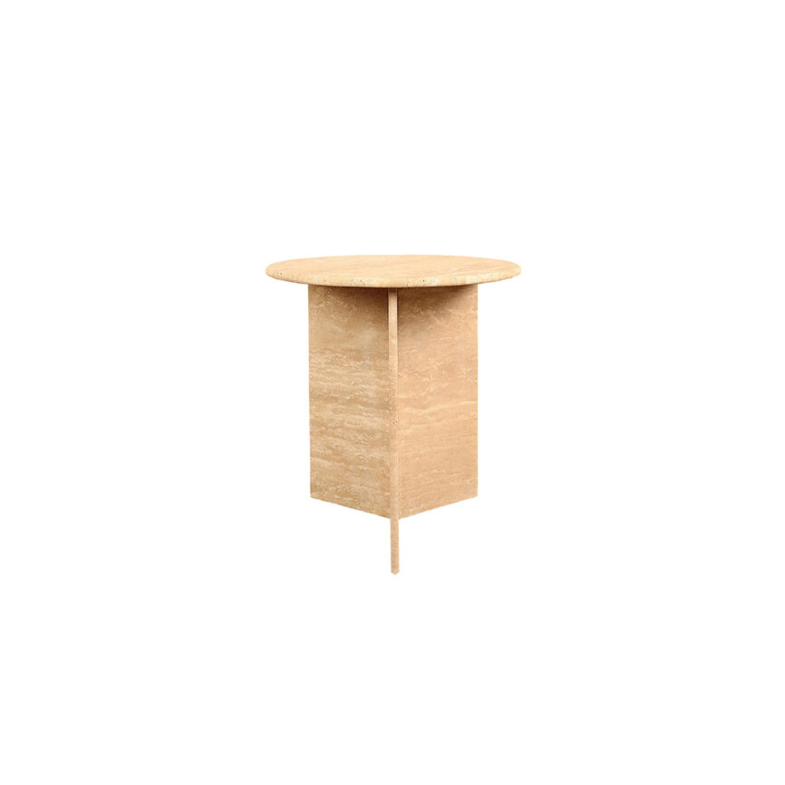 Mabel Side Table made of natural marble with a crossed base and round top, showcasing unique patterns and tones. Customizable dimensions and materials. Diameter: 48 CM, Height: 55 CM. Made in UAE