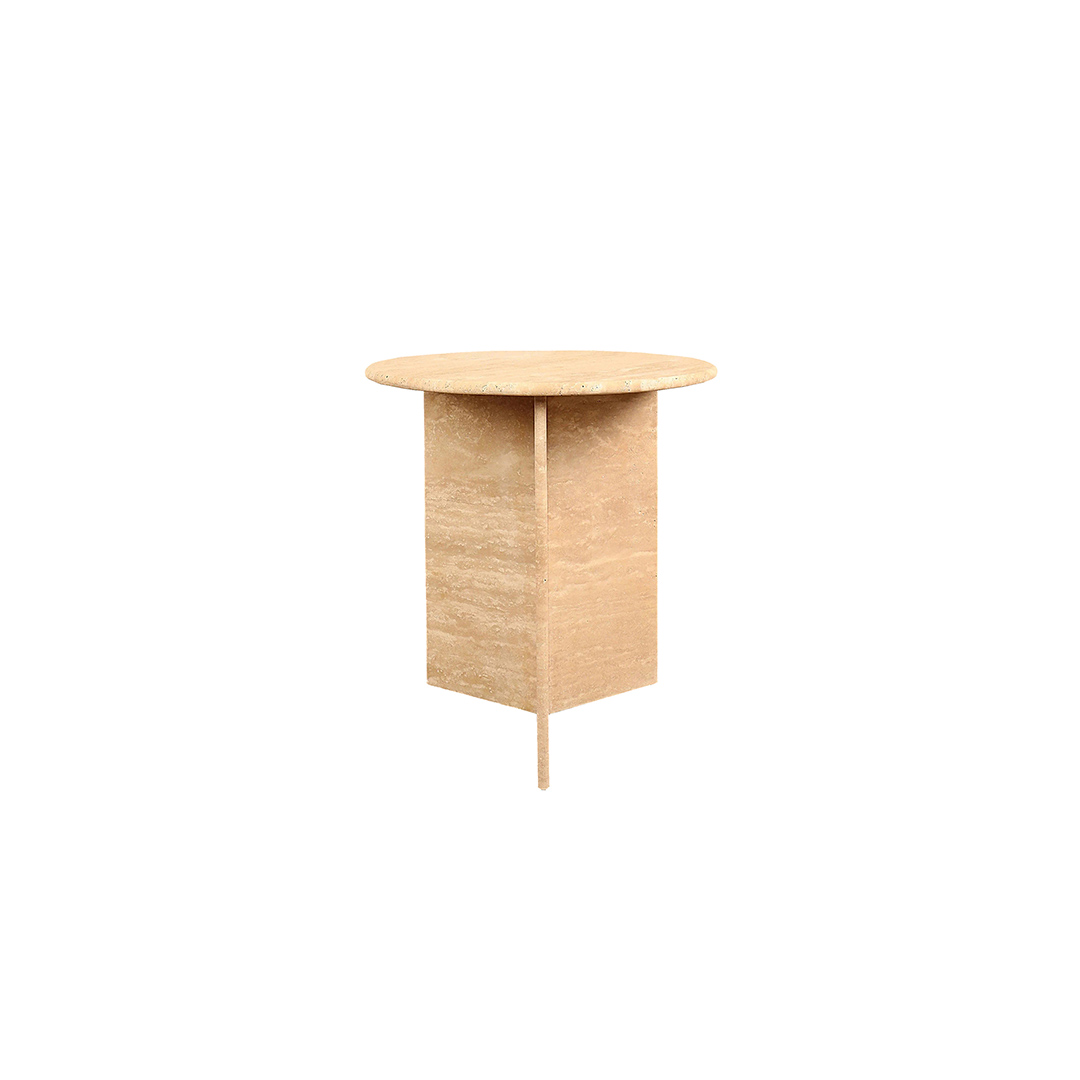 Mabel Side Table made of natural marble with a crossed base and round top, showcasing unique patterns and tones. Customizable dimensions and materials. Diameter: 48 CM, Height: 55 CM. Made in UAE