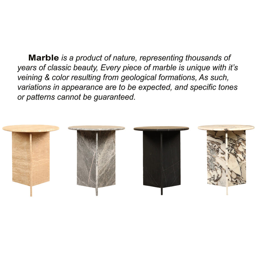 Mabel Side Table made of natural marble with a crossed base and round top, showcasing unique patterns and tones. Customizable dimensions and materials. Diameter: 48 CM, Height: 55 CM. Made in UAE