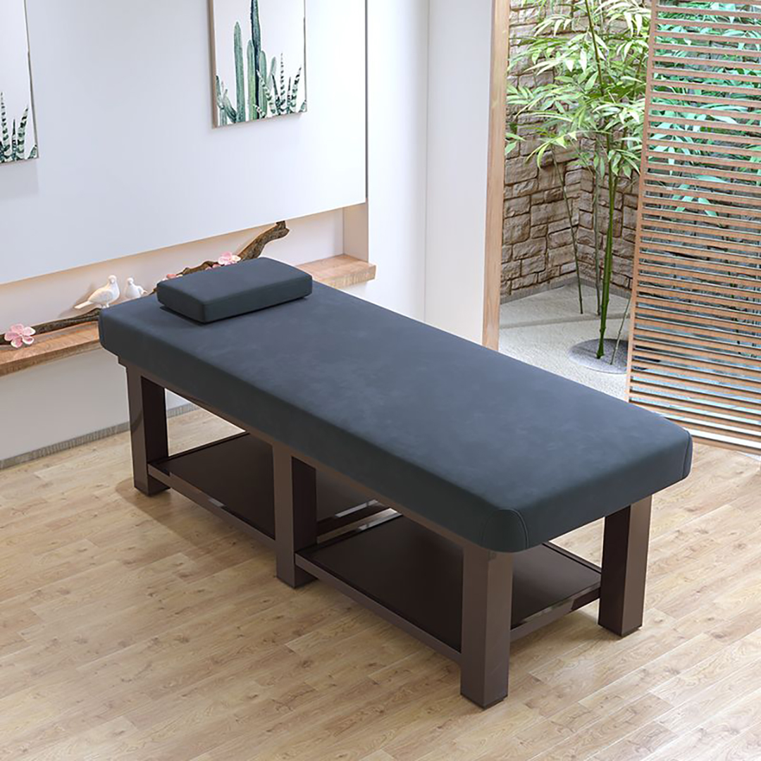 Customizable massage chaise lounge with sleek wooden frame and luxurious fabric or leather upholstery.