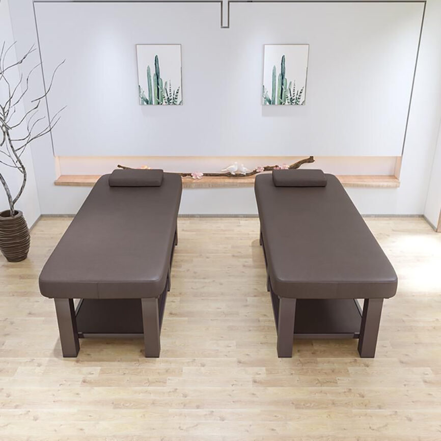 Customizable massage chaise lounge with sleek wooden frame and luxurious fabric or leather upholstery.