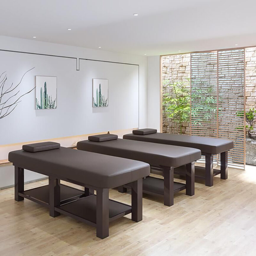 Customizable massage chaise lounge with sleek wooden frame and luxurious fabric or leather upholstery.