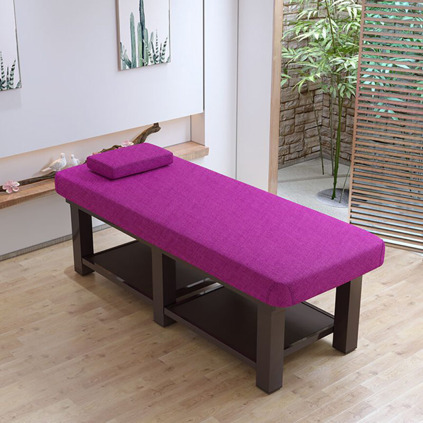 Customizable massage chaise lounge with sleek wooden frame and luxurious fabric or leather upholstery.