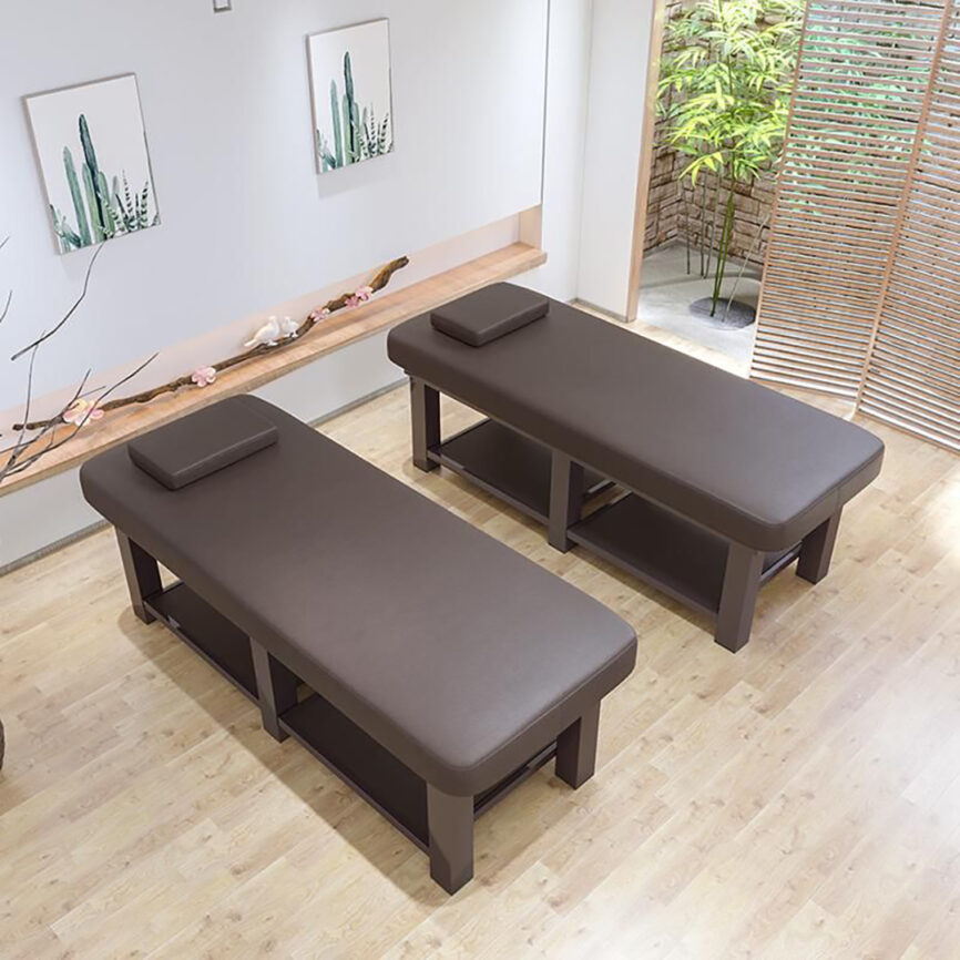 Customizable massage chaise lounge with sleek wooden frame and luxurious fabric or leather upholstery.