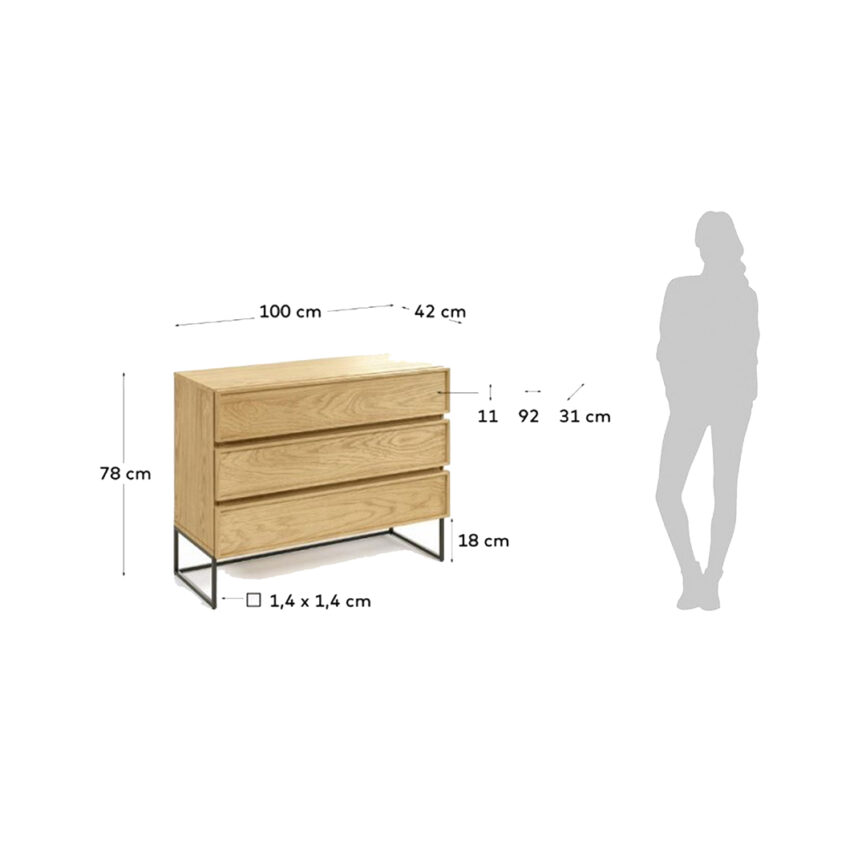 Modern wooden chest of drawers with an oak veneer finish and black metal frame, designed for stylish storage.