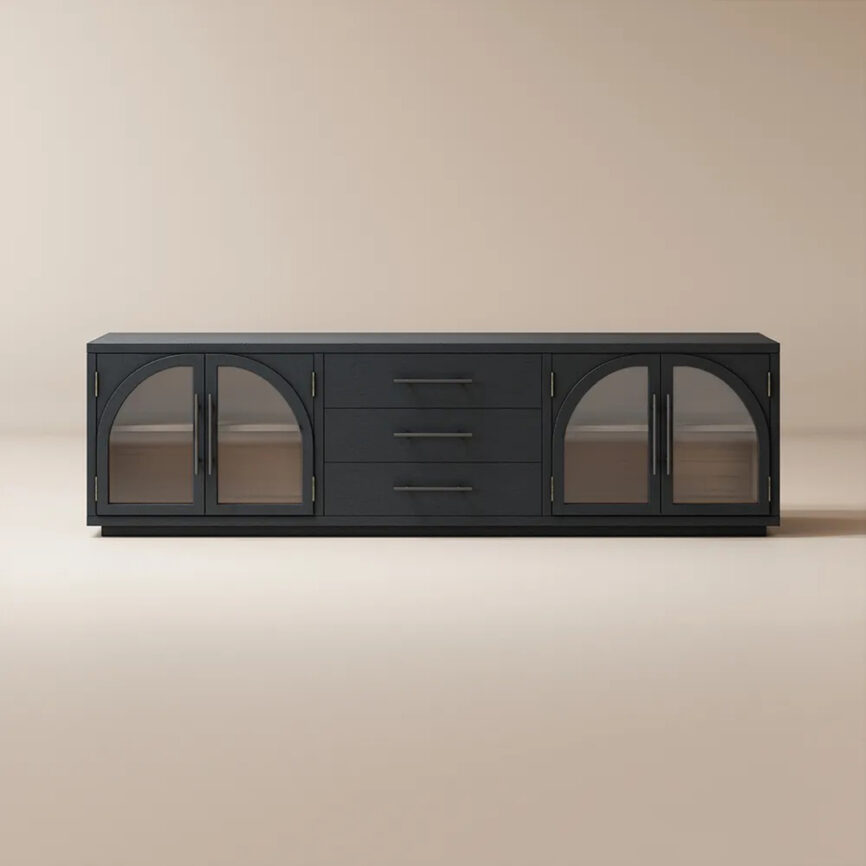 Modern black ash wood TV stand with arched glass doors and drawers, ideal for luxury living rooms in Dubai, Abu Dhabi, Sharjah and all over UAE. Fits TVs up to 75 inches.