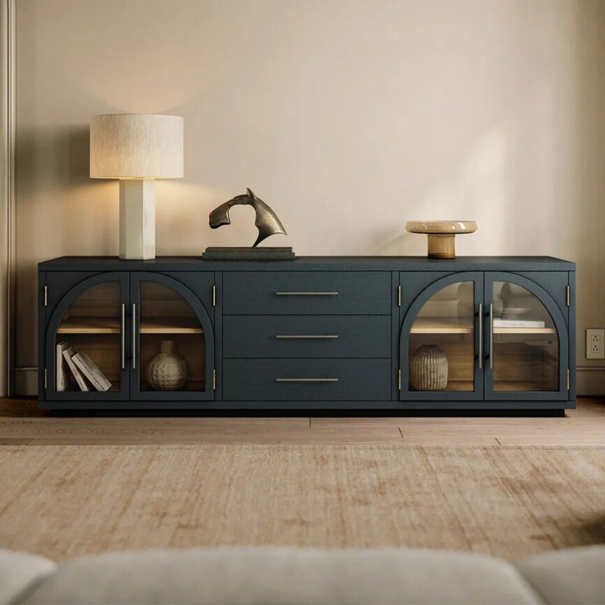 Modern black ash wood TV stand with arched glass doors and drawers, ideal for luxury living rooms in Dubai, Abu Dhabi, Sharjah and all over UAE. Fits TVs up to 75 inches.
