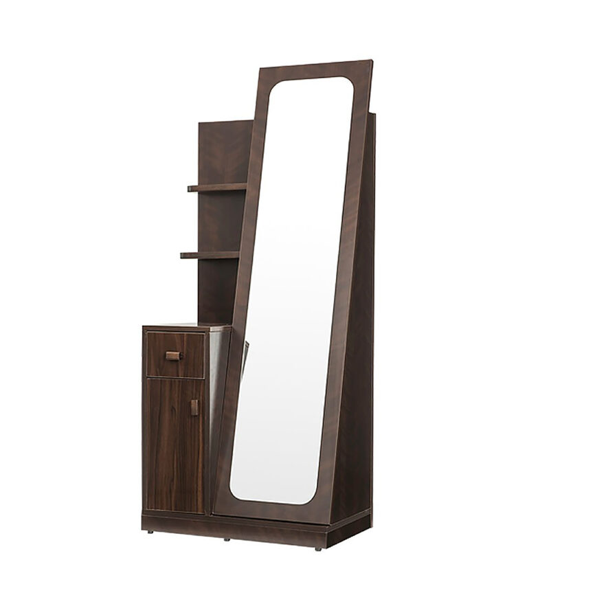 A sleek dark cherry vanity and dressing table with ample storage and a modern design.