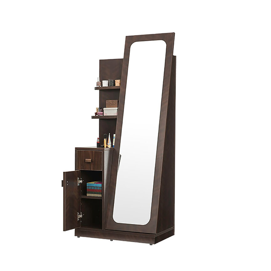 A sleek dark cherry vanity and dressing table with ample storage and a modern design.
