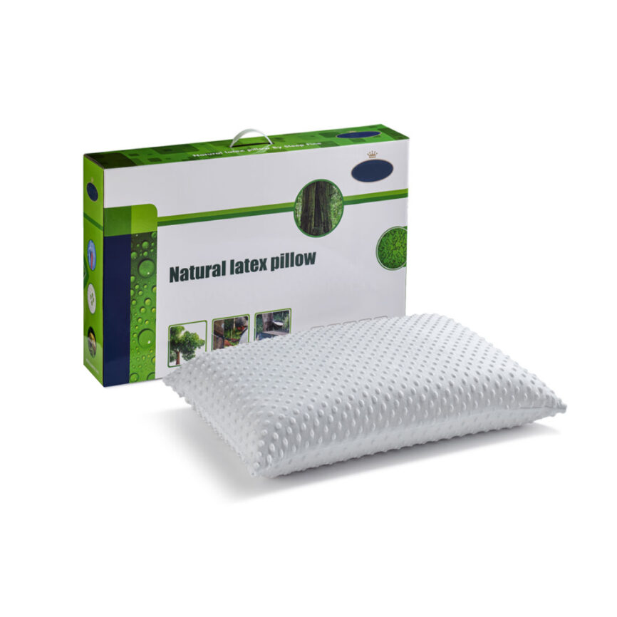 Natural latex pillow in its green and white packaging, featuring text that reads "Natural Latex Pillow." The pillow is white with a textured surface.