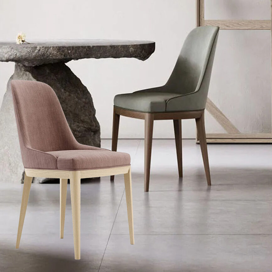 Aiysha dining chair in solid oak wood with customizable fabric upholstery, handcrafted to order