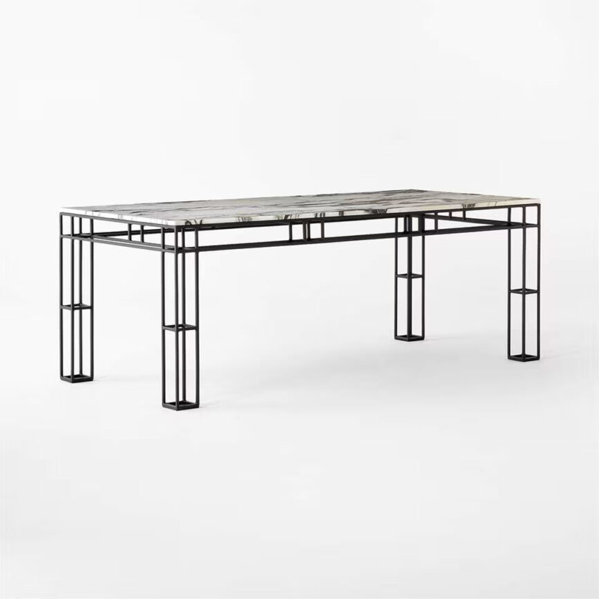 Leccio Dining Table with steel base and marble top, featuring unique chocolate veining. Seats up to 8, made in UAE.