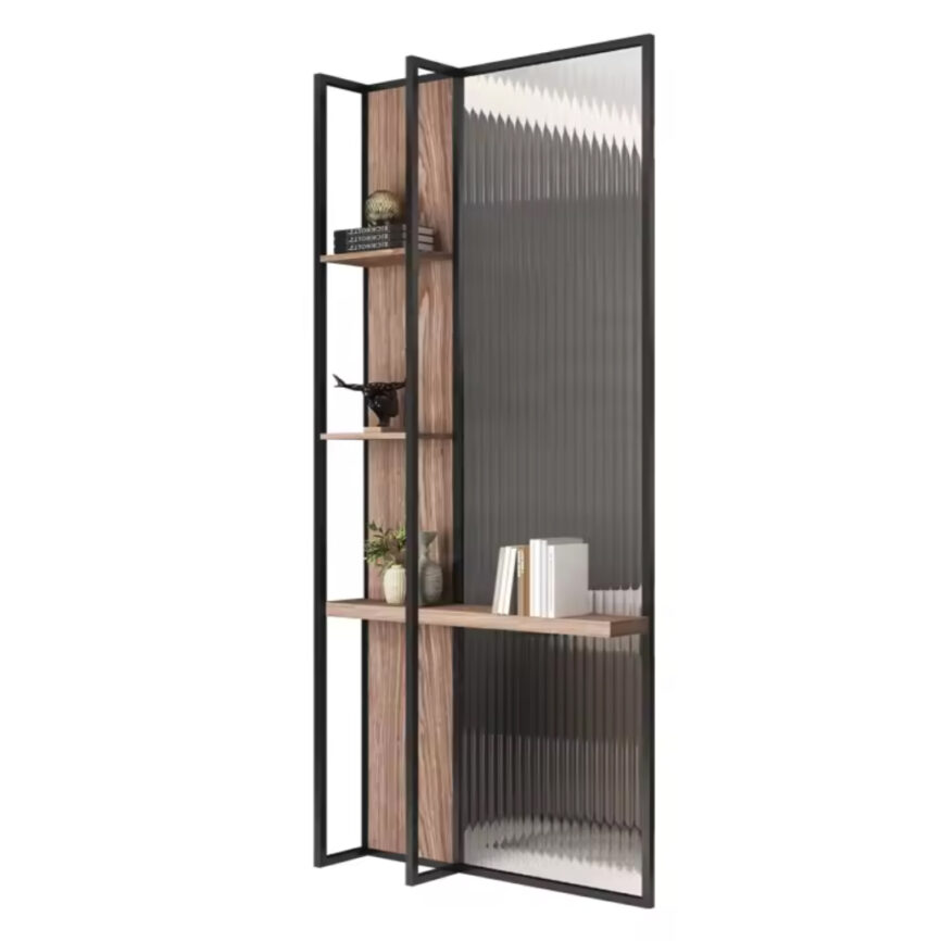 Modern Fusion Partition with metal frame, glass panels, and wood accents for stylish space division.