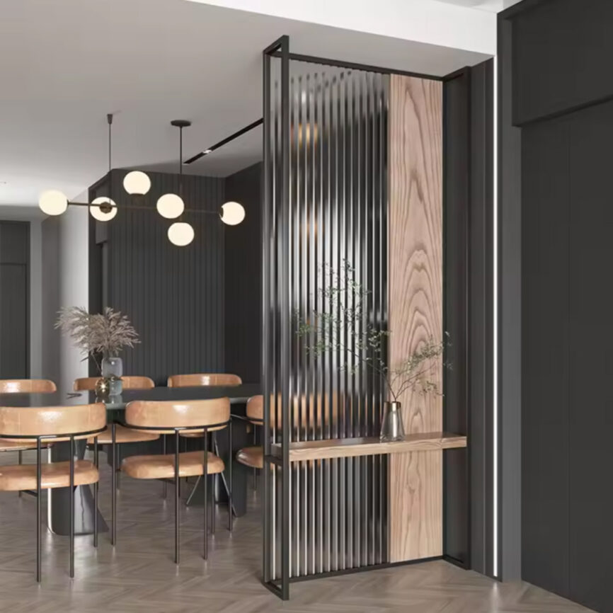 Modern Fusion Partition with metal frame, glass panels, and wood accents for stylish space division.