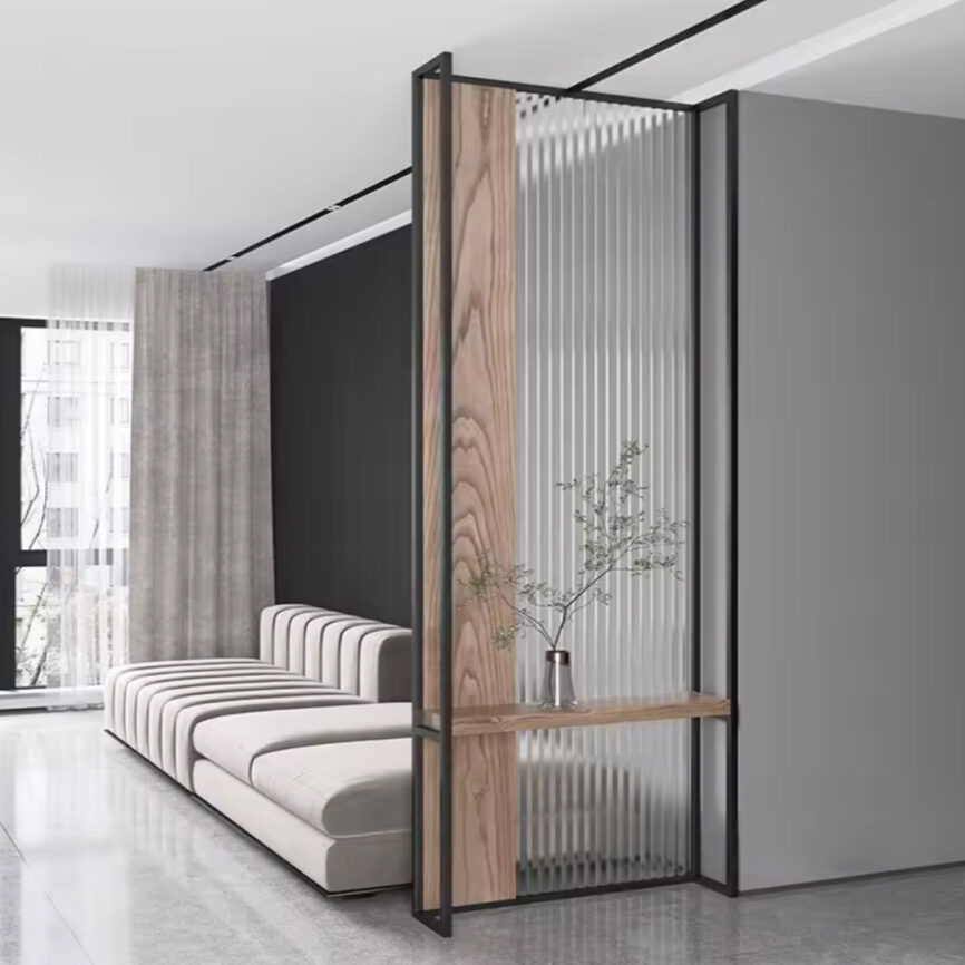 Modern Fusion Partition with metal frame, glass panels, and wood accents for stylish space division.