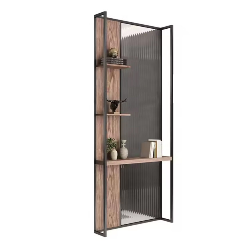 Modern Fusion Partition with metal frame, glass panels, and wood accents for stylish space division.