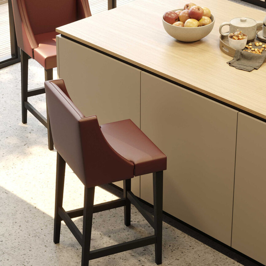 Modern Manhattan Bar Stool, crafted from oak wood with customizable fabric upholstery for style & comfort.