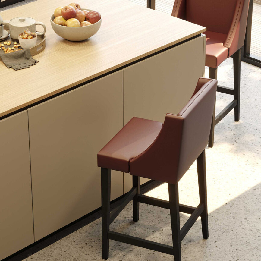 Modern Manhattan Bar Stool, crafted from oak wood with customizable fabric upholstery for style & comfort.