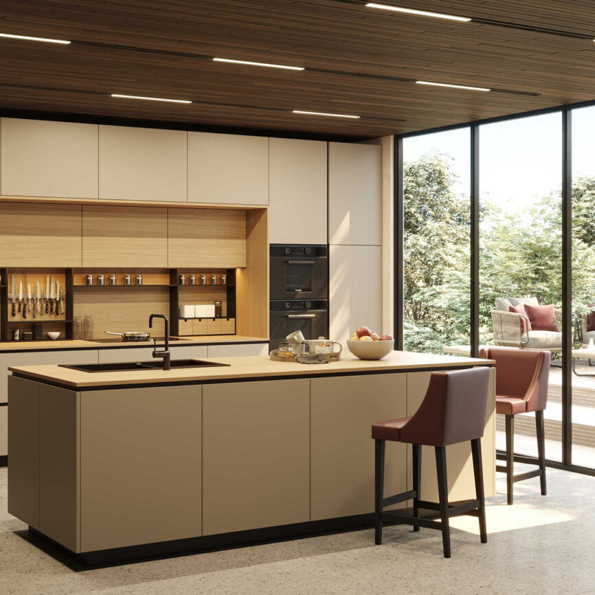 Modern Manhattan Bar Stool, crafted from oak wood with customizable fabric upholstery for style & comfort.