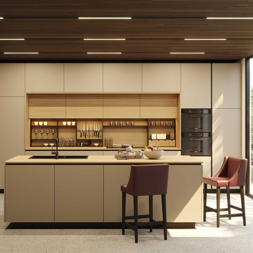 Modern Manhattan Bar Stool, crafted from oak wood with customizable fabric upholstery for style & comfort.