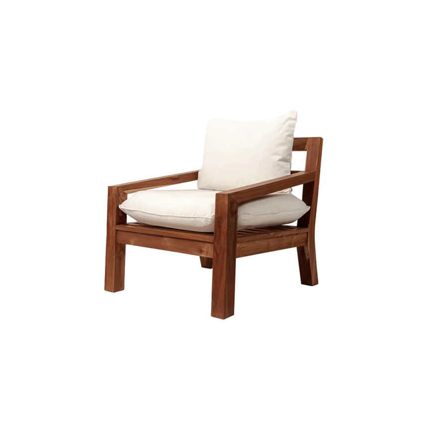 Single outdoor sofa with upholstered seat and back, designed with a modern silhouette and weather-resistant materials.