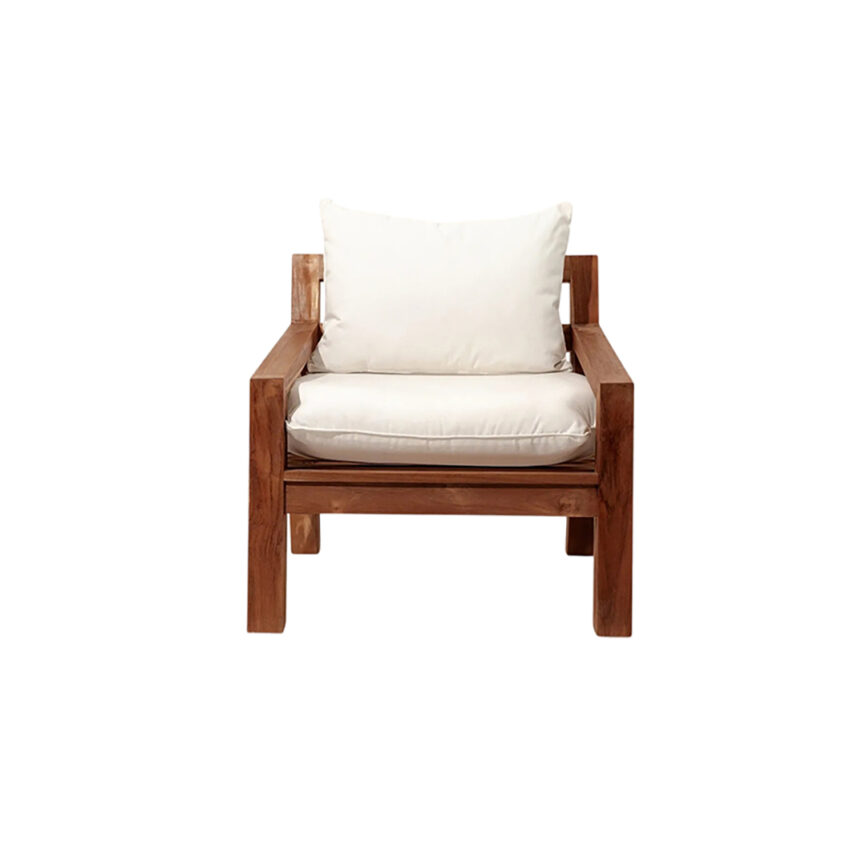 Single outdoor sofa with upholstered seat and back, designed with a modern silhouette and weather-resistant materials.