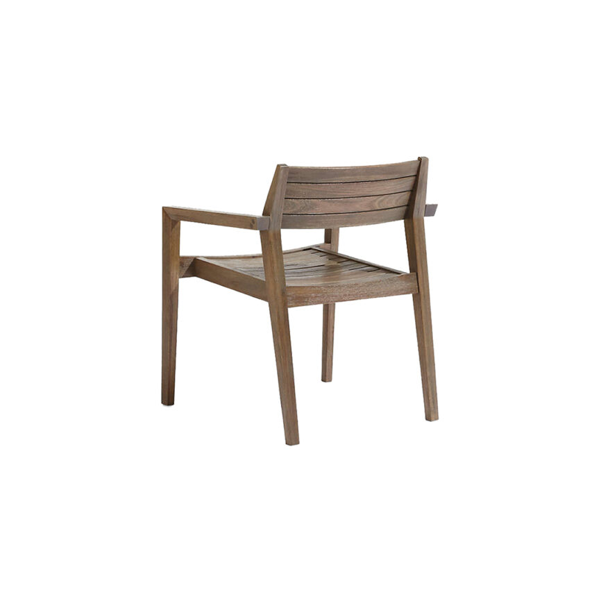 Modern wooden outdoor chair with armrests, crafted from weather-resistant materials, placed on a patio.