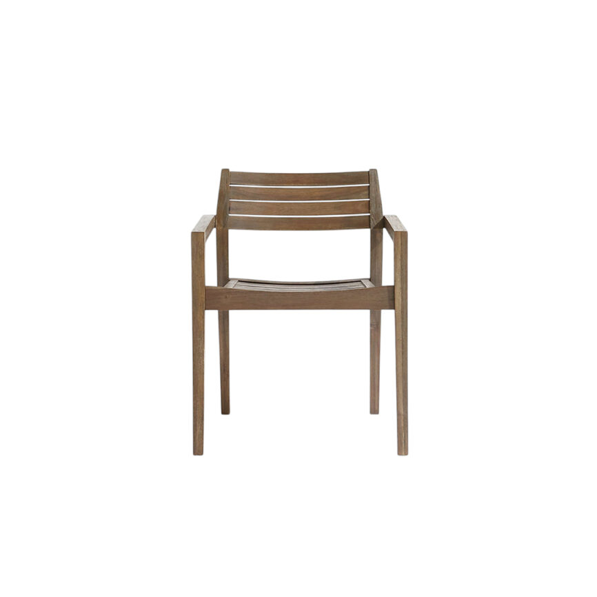 Modern wooden outdoor chair with armrests, crafted from weather-resistant materials, placed on a patio.